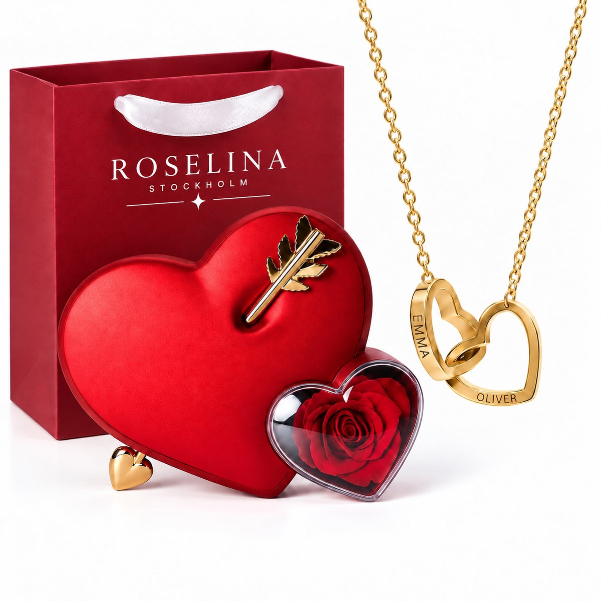 Milona – Red rose box and gold-coloured necklace with gift packaging